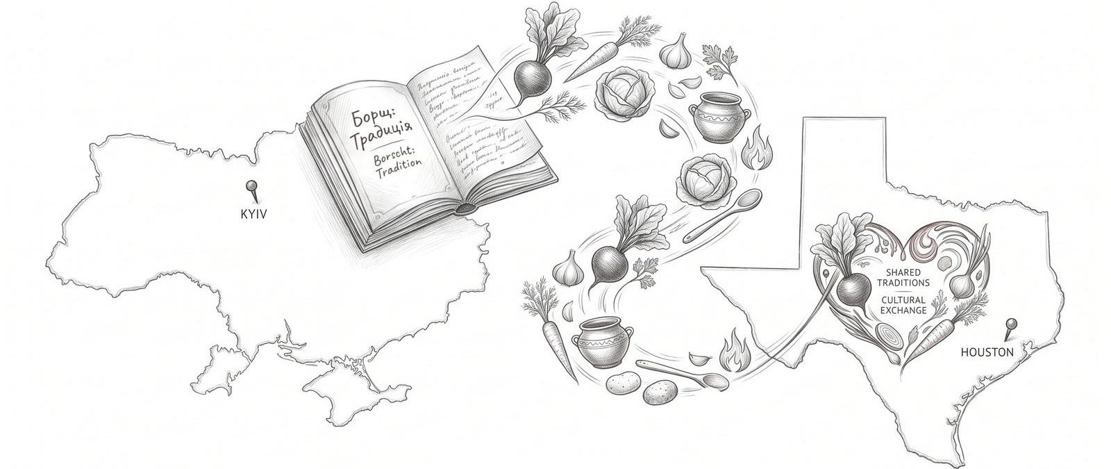 Illustration of a Borscht: Tradition recipe book connecting Kyiv, Ukraine to Houston, Texas with ingredients and shared traditions